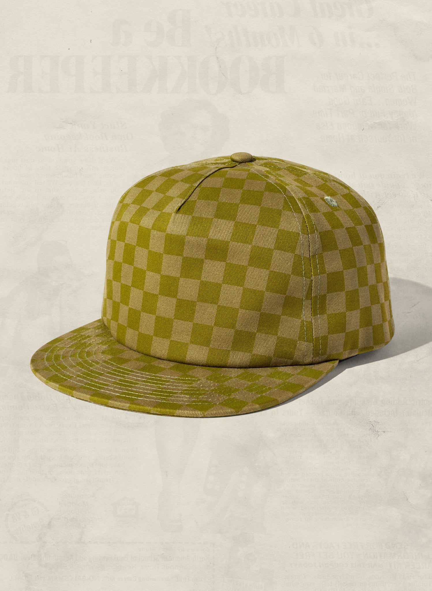 WELD MFG Checkerboard Field Trip Hat - vintage-style 5-panel cotton cap, Retro Printed Cotton Hat, Cactus Tonal