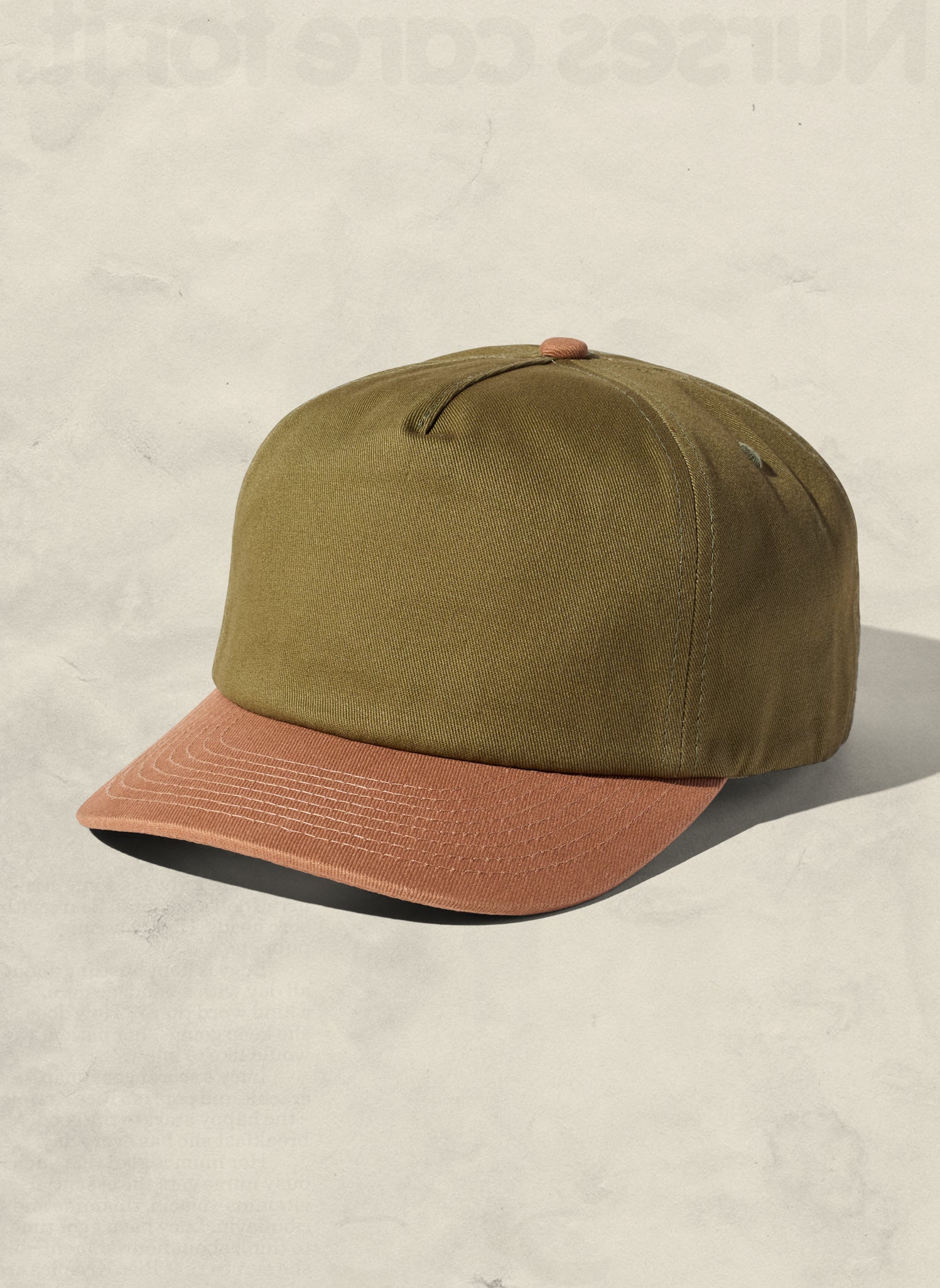 WELD MFG Two-Tone Brushed Cotton Twill Workhorse Snapback Hat with a slightly structured 5-panel crown and contrasting curved brim, Cactus Dune