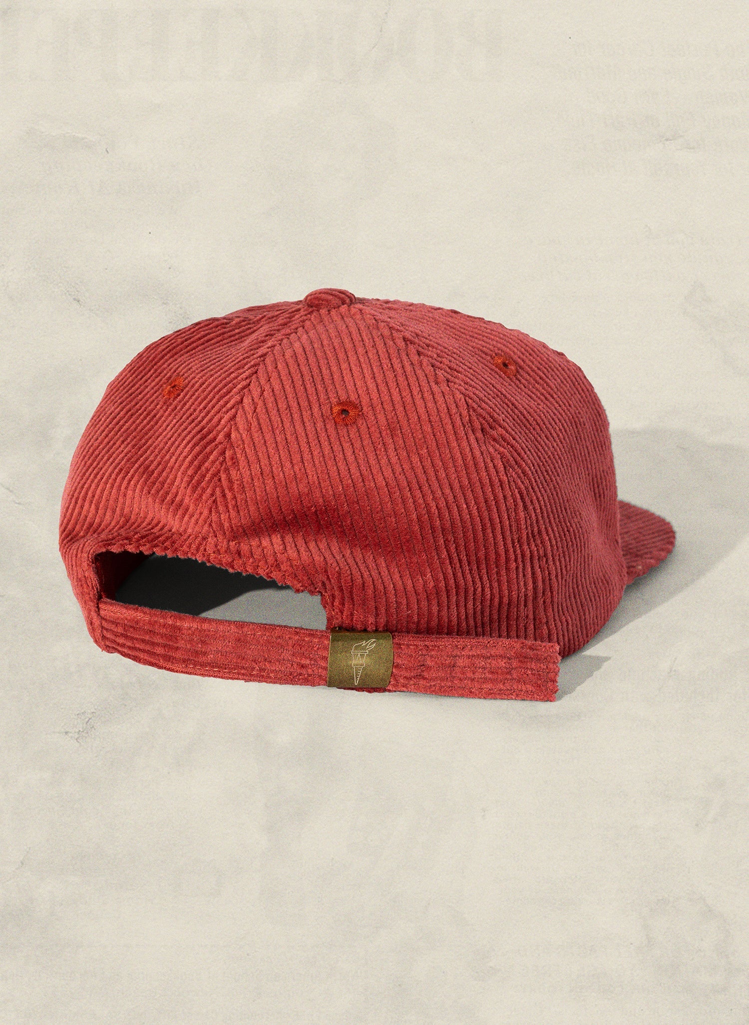 Rear view of the WELD MFG Corduroy Field Trip Hat featuring the brass buckle and fabric adjustment strap, Pompeii 